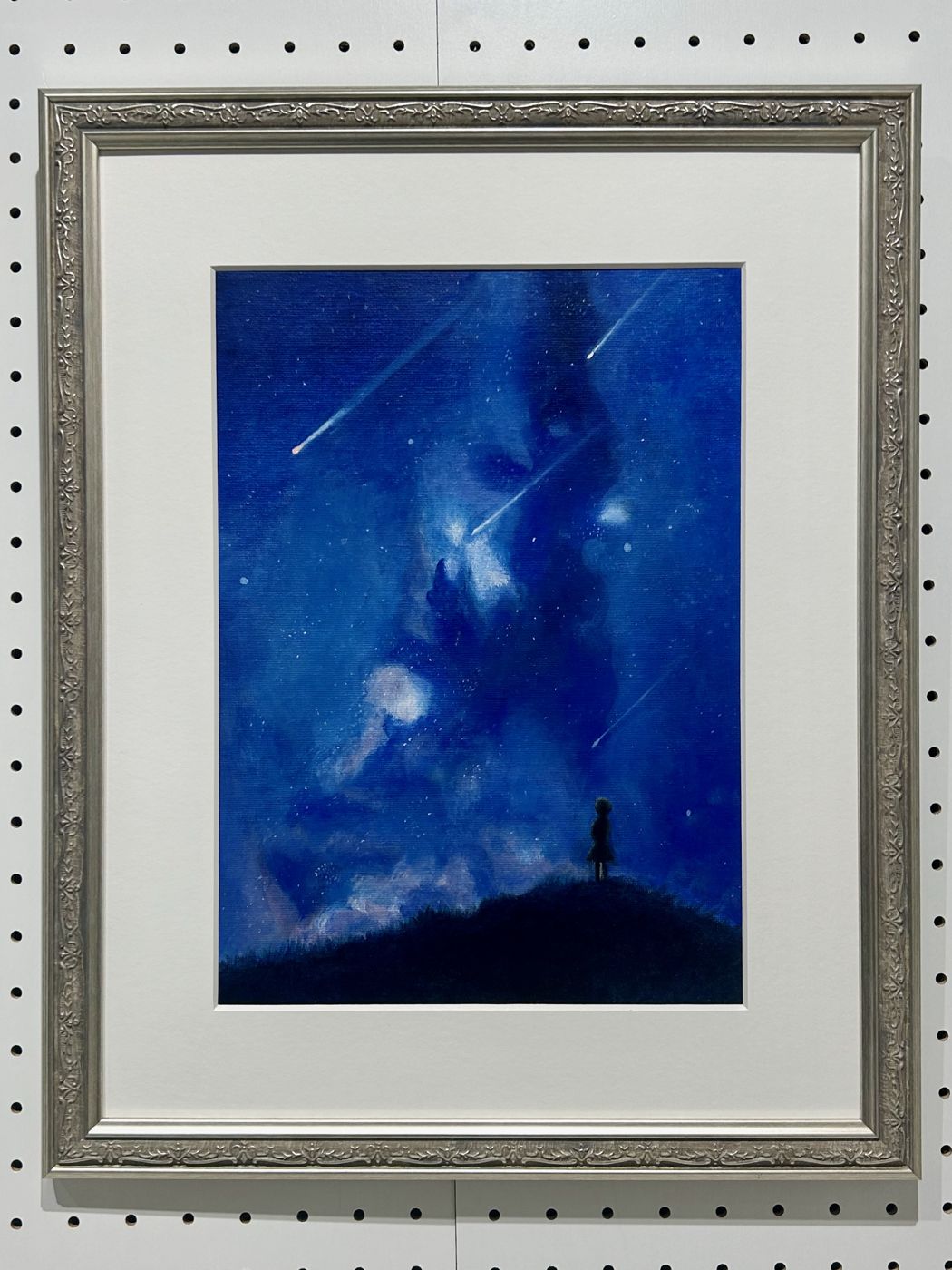油絵「祈り」星空と少女の影